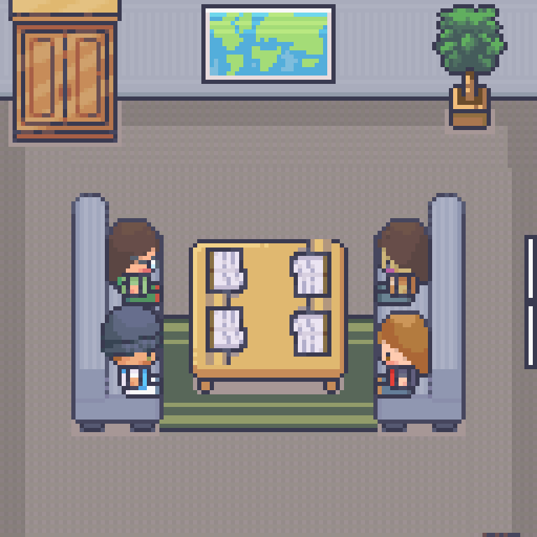 ドット絵の自習室の画面。机を囲んで 4 人のアバターが座っている